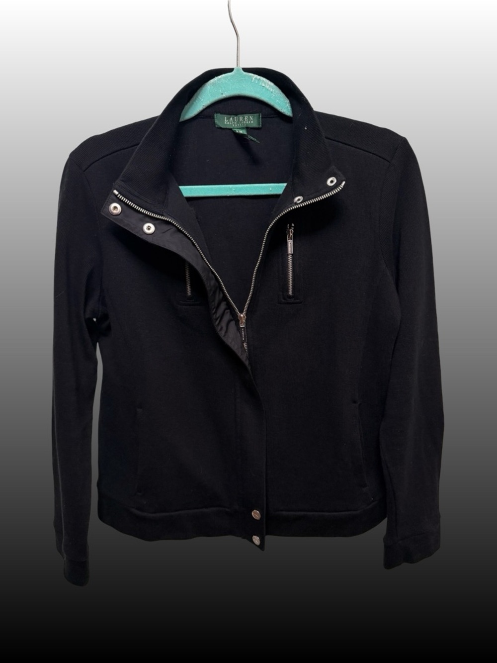 Lauren Ralph Lauren Petite Zip Jacket PM Black 100% Cotton Silver Hardware - Picture 5 of 7